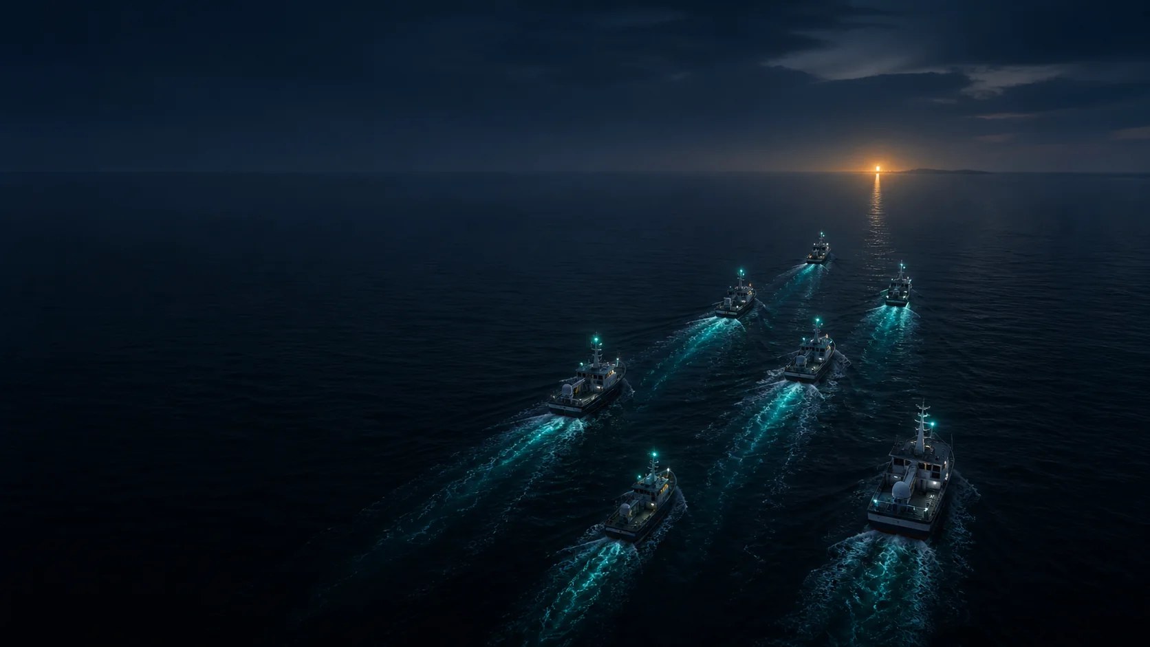 夜の海を進む船団